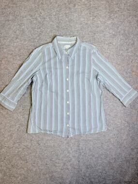 Croft & Barrow Stretch Striped Button Up Shirt Women's L 3/4 Sleeve Blue Green